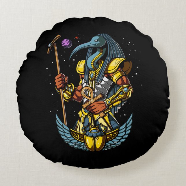 Thoth Egyptian God Ankh Scarab Altes Symbol Rundes Kissen (Vorderseite)