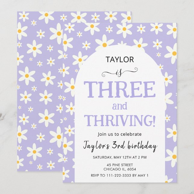 THREE and Thriving Purple Daisy 3rd Birthday Einladung (Vorne/Hinten)