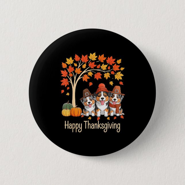 Three Australian Shepherd Dogs Fall Tree Happy Tha Button (Vorderseite)