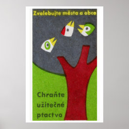 Three Birds in Tree - Matchbox Print - Czech Wall Poster