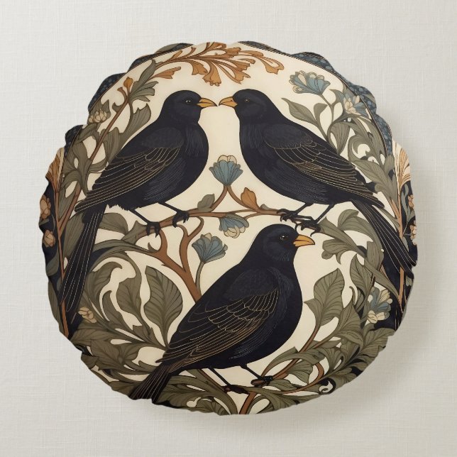 Three Black Birds William Morris Inspired  Rundes Kissen (Vorderseite)