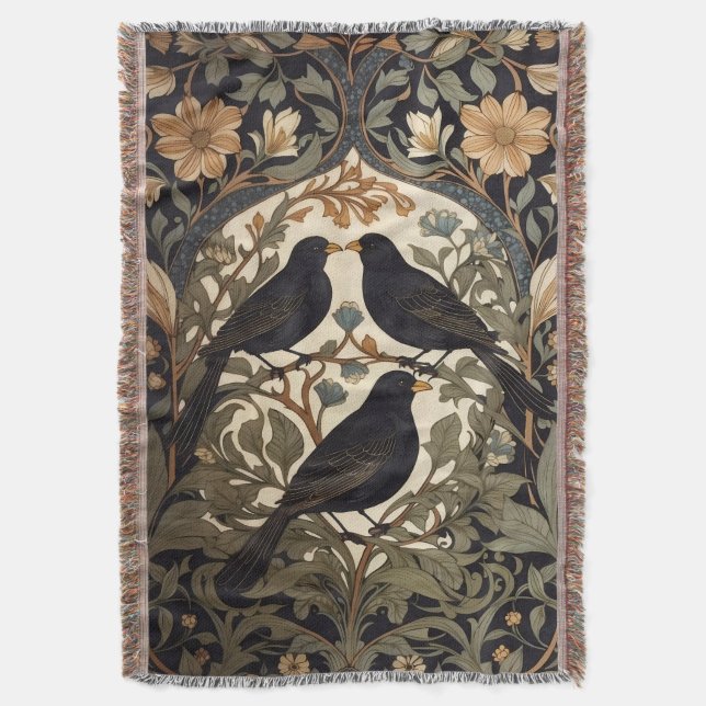 Three Black Birds William Morris Inspiriert Decke (Vorderseite Vertikal)