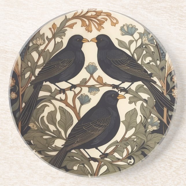 Three Black Birds William Morris Inspiriert Getränkeuntersetzer (Vorne)