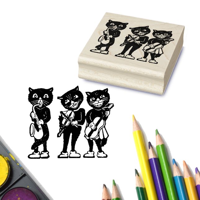 Three Black Cat Musicians Guitar Fiddle Saxophon Gummistempel (Craft stamp of three jazz musician cats playing music instruments.)