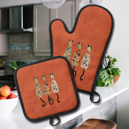 Three Boho Cats Orange Ofenhandschuh & Topflappen-Set