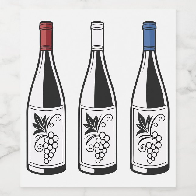 Three Bottles Food and Beverage Label Set Weinetikett (Illustration of three wine bottles, each with a different colored cap: red, white, and blue. )