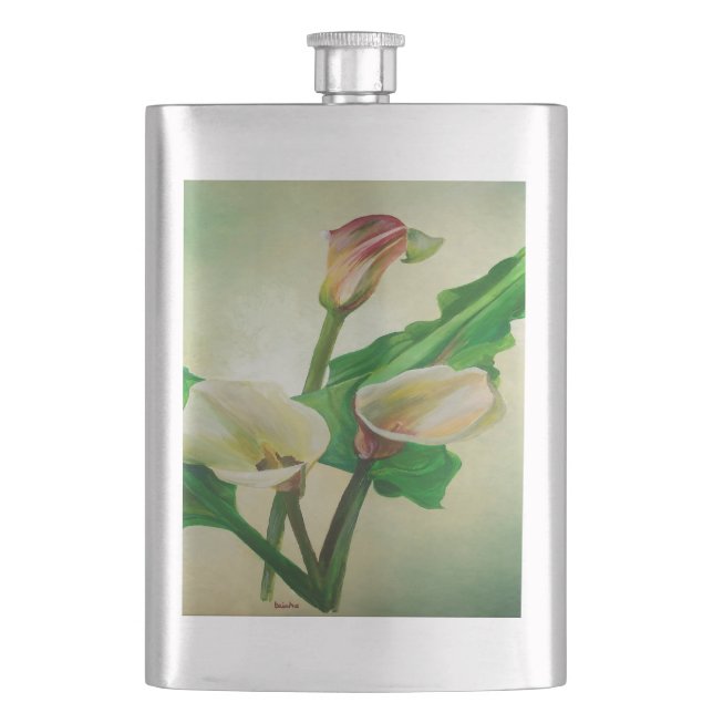 Three Calla Lilies Atemberaubend Botanical Acrylic Flachmann (Vorderseite)