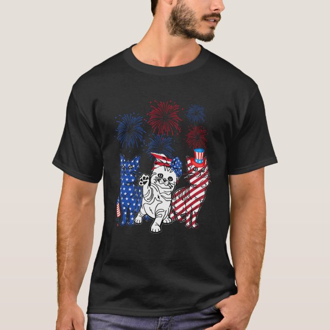 Three Cat 4th Of July American Flag Patriotic Cat T-Shirt (Vorderseite)