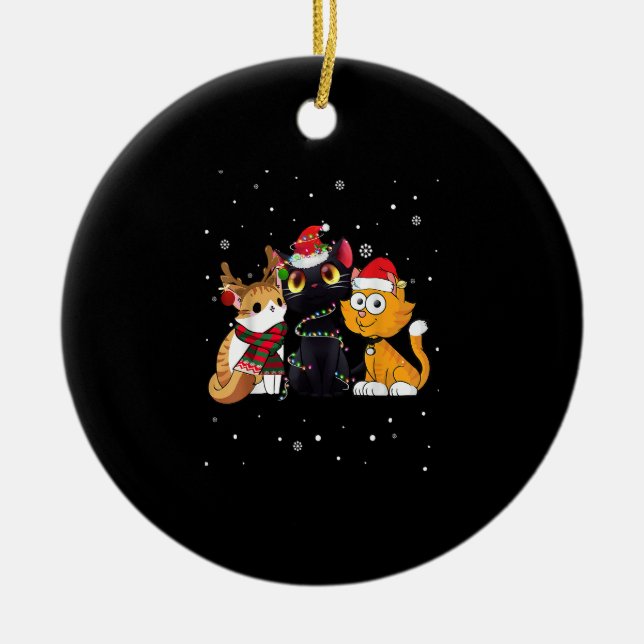 Three Cat Christmas Funny Kitty Weihnachtsmannmütz Keramik Ornament (Vorne)
