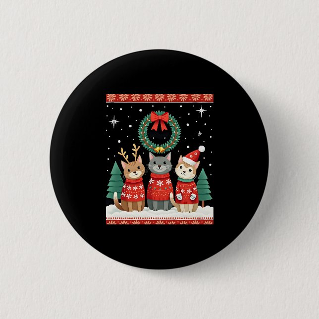 Three Cat Funny Christmas Cat Ugly Xmas Sweater Me Button (Vorderseite)