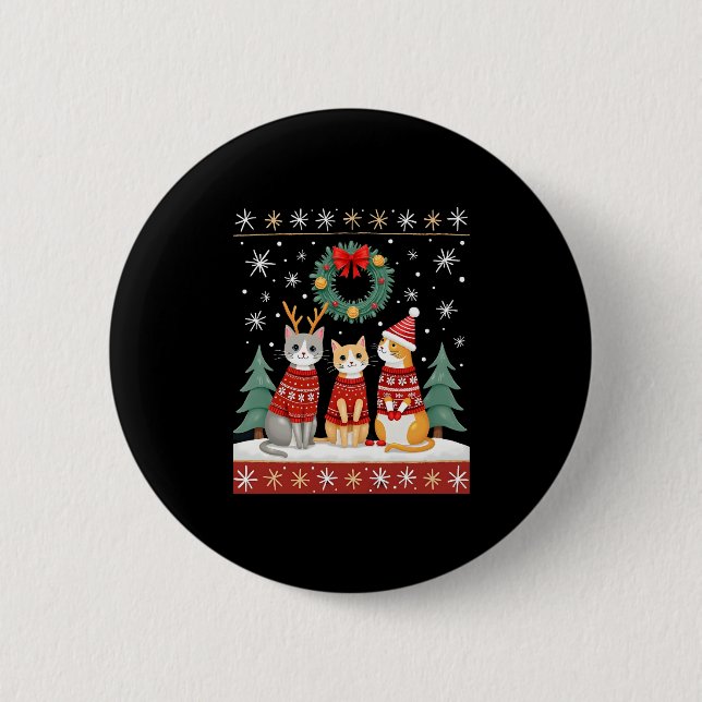 Three Cat Funny Christmas Cat Ugly Xmas Sweater Me Button (Vorderseite)