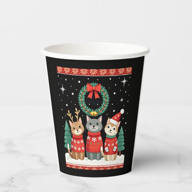 Three Cat Funny Christmas Cat Ugly Xmas Sweater Me Pappbecher (Vorderseite)