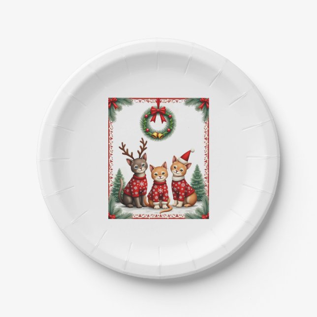 Three Cat Funny Christmas Cat Ugly Xmas Sweater Me Pappteller (Vorderseite)