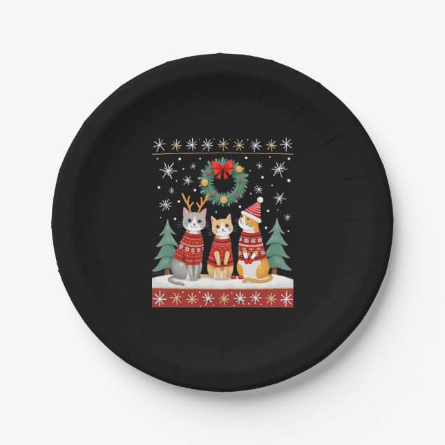Three Cat Funny Christmas Cat Ugly Xmas Sweater Me Pappteller (Vorderseite)