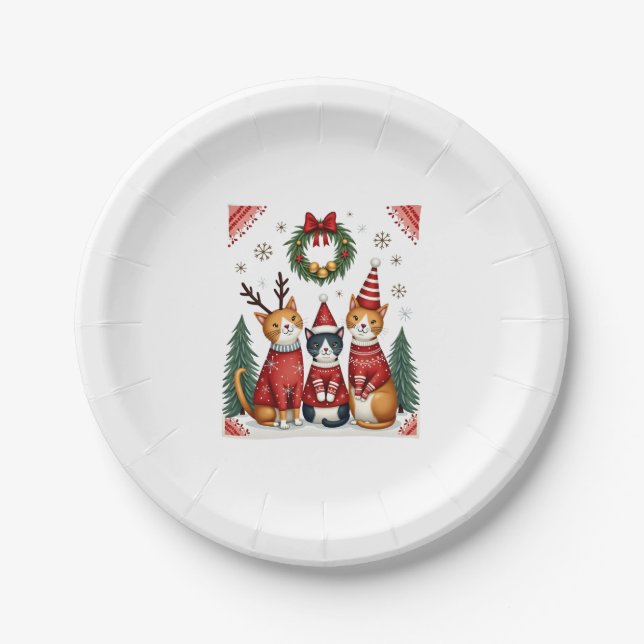 Three Cat Funny Christmas Cat Ugly Xmas Sweater Me Pappteller (Vorderseite)