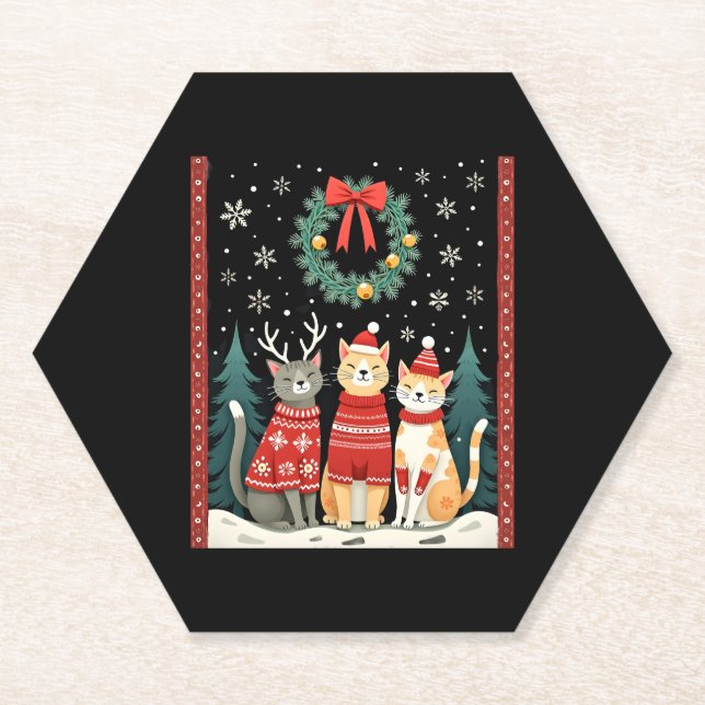 Three Cat Funny Christmas Cat Ugly Xmas Sweater Me Untersetzer (Vorderseite)