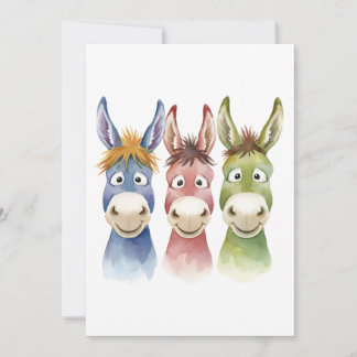 Three Colorful Cartoon Donkeys in Watercolor Style Einladung