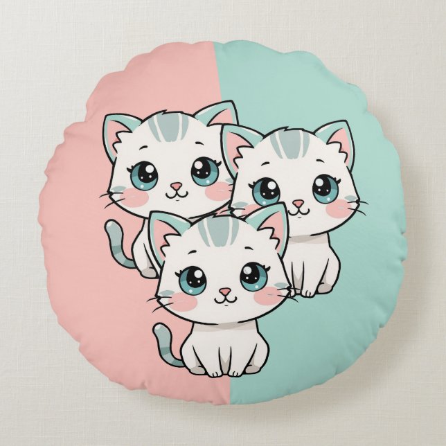 Three Cute Kawai Cats Rundes Kissen (Vorderseite)