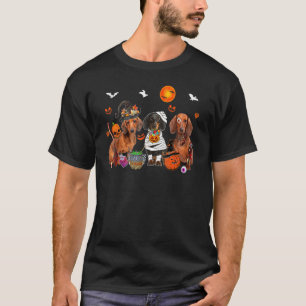 Three Dachshund Dogs Witch Scary Mummy Halloween T-Shirt