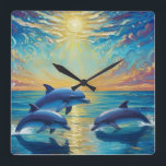 Three dolphins Wall Clock Quadratische Wanduhr<br><div class="desc">Three dolphins jump over the sea. The sun is shining. Multi-colored clouds run across the sky.</div>