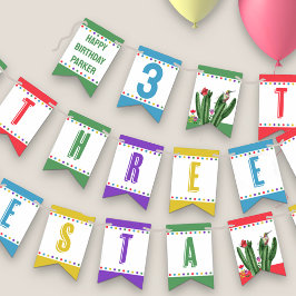 Three Esta Fiesta Colorful Kids 3. Geburtstag Wimpelkette