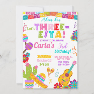 Three-esta Fiesta girl 3rd birthday invitation. Einladung