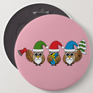 Three Funny Christmas Gnome Owls Button
