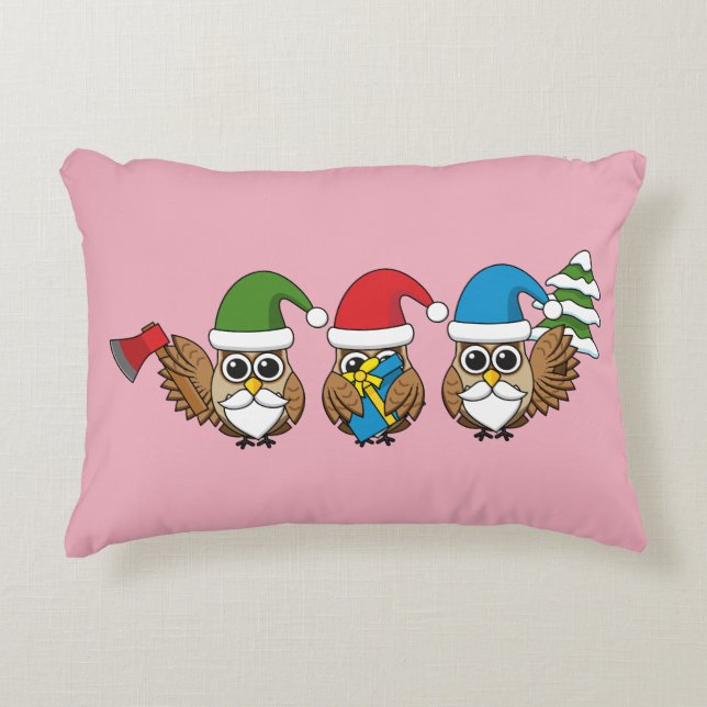 Three Funny Christmas Gnome Owls Dekokissen (Vorderseite)