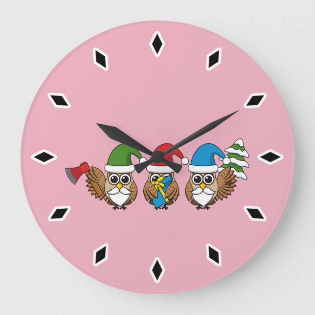 Three Funny Christmas Gnome Owls Große Wanduhr (Vorderseite)