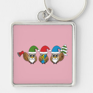 Three Funny Christmas Gnome Owls Schlüsselanhänger