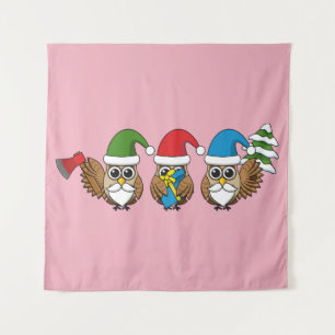Three Funny Christmas Gnome Owls Wandteppich