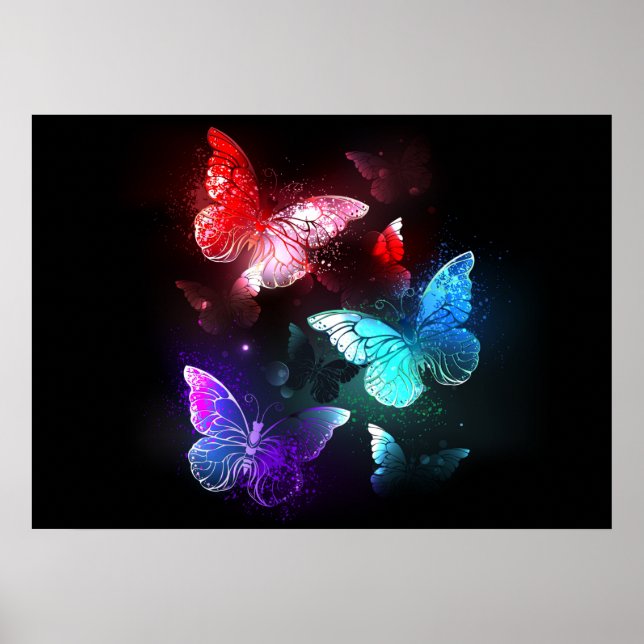 Three Glowing Butterflies on night background Poster (Vorne)