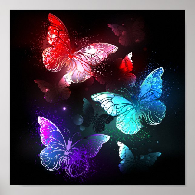 Three Glowing Butterflies on night background Poster (Vorne)