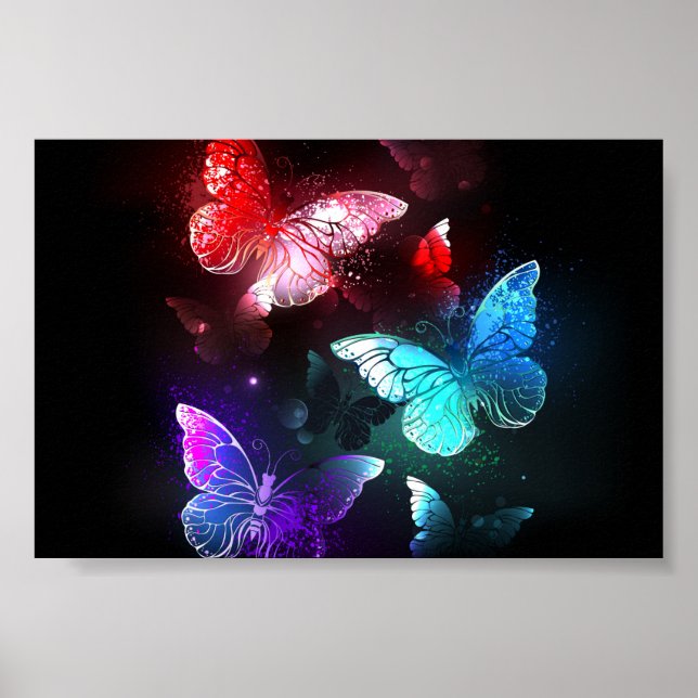 Three Glowing Butterflies on night background Poster (Vorne)