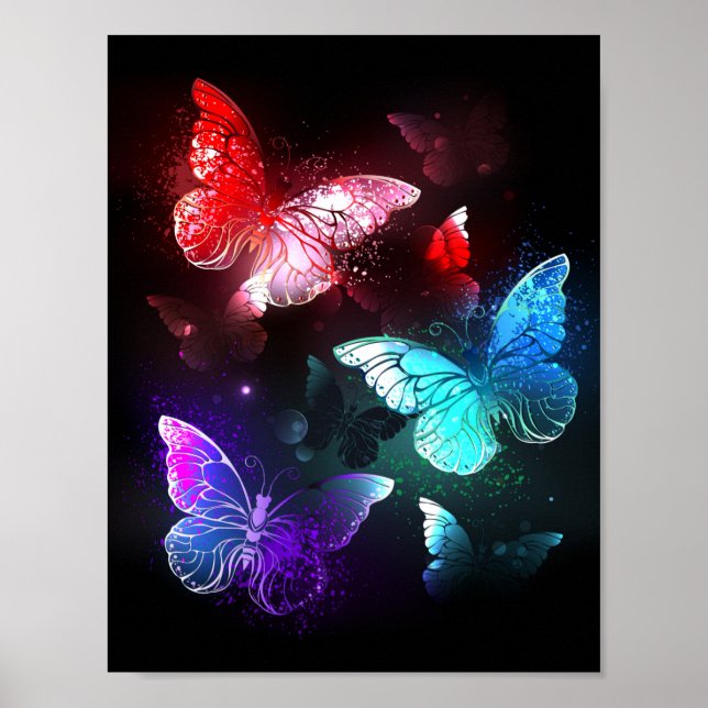 Three Glowing Butterflies on night background Poster (Vorne)