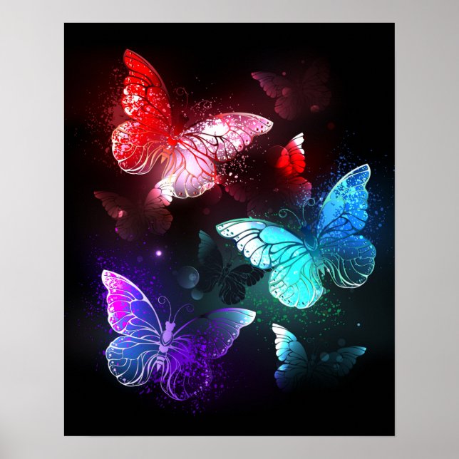 Three Glowing Butterflies on night background Poster (Vorne)