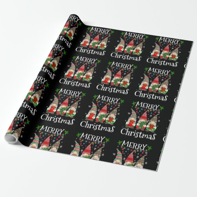 Three Gnomes Buffalo Kariert Red Merry Christmas X Geschenkpapier (Ungerollt)