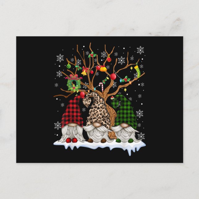 Three Gnomes Leopard Buffalo Kariert Red Christmas Ankündigungspostkarte (Vorderseite)