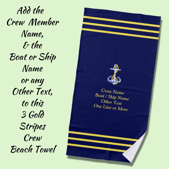 Three Gold Stripes for Crew - Add Name, Other Text Strandtuch (Von Creator hochgeladen)