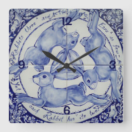 Three Hares Rabbit Blue & White Medallion Bird Quadratische Wanduhr