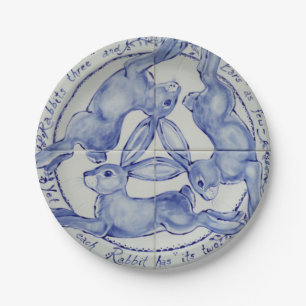Three Hares Rabbit Blue & White Medallion geplünd Pappteller