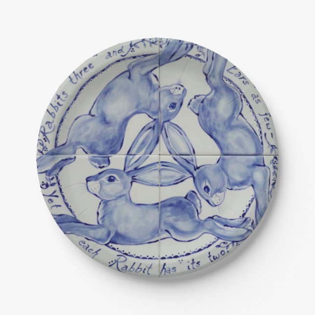 Three Hares Rabbit Blue & White Medallion geplünde Pappteller (Vorderseite)