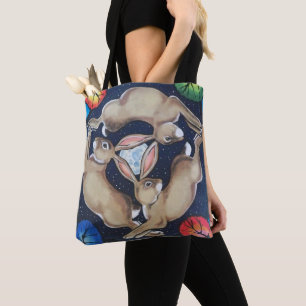 Three Hares Rabbit Moon Mystical Symbol Blue Star Tasche