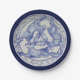 Three Hares Rabbits Blue White Tile Medallion Pappteller