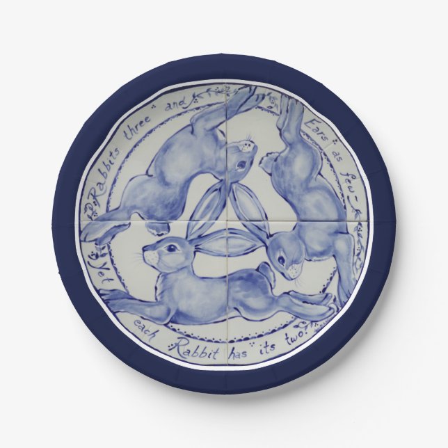 Three Hares Rabbits Blue White Tile Medallion Pappteller (Vorderseite)