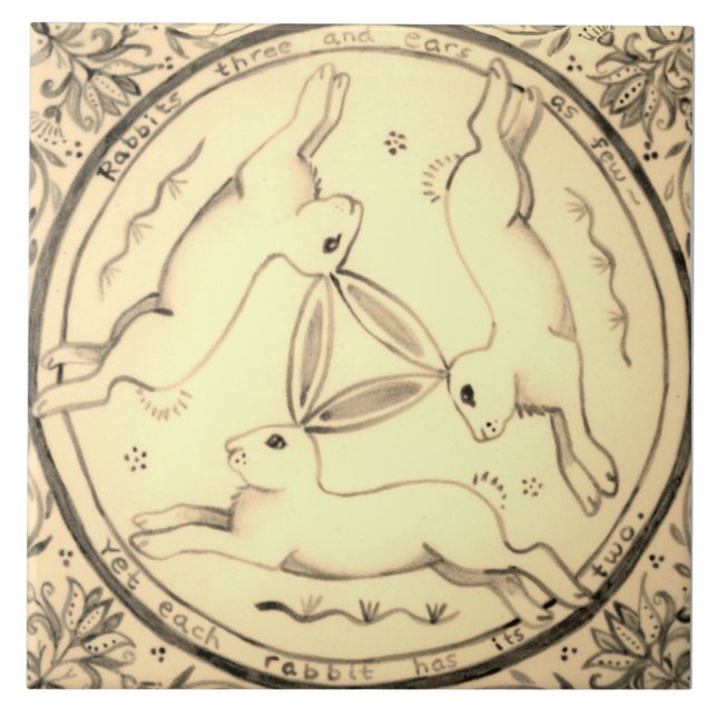 Three Hares Running Rabbit Sepia Mystical Design Fliese (Vorderseite)