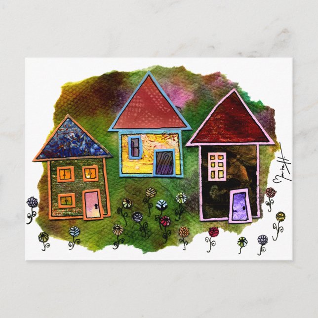 Three House Collage mit Blume Postkarte (Vorderseite)