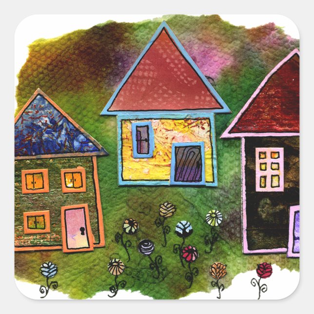 Three House Collage mit Blume Quadratischer Aufkleber (Vorderseite)