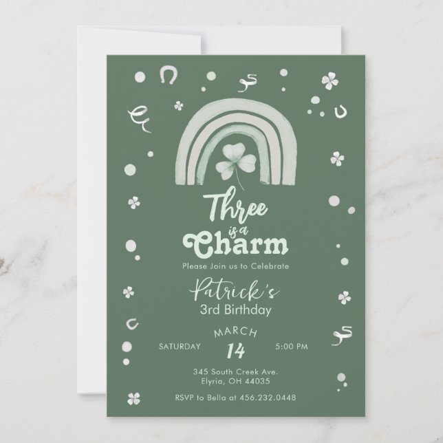 Three Is A Charm Shamrock Any Age Birthday Einladung (Vorderseite)