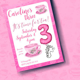 Three It’s Time for Tea 3rd Birthday Invitation Einladung